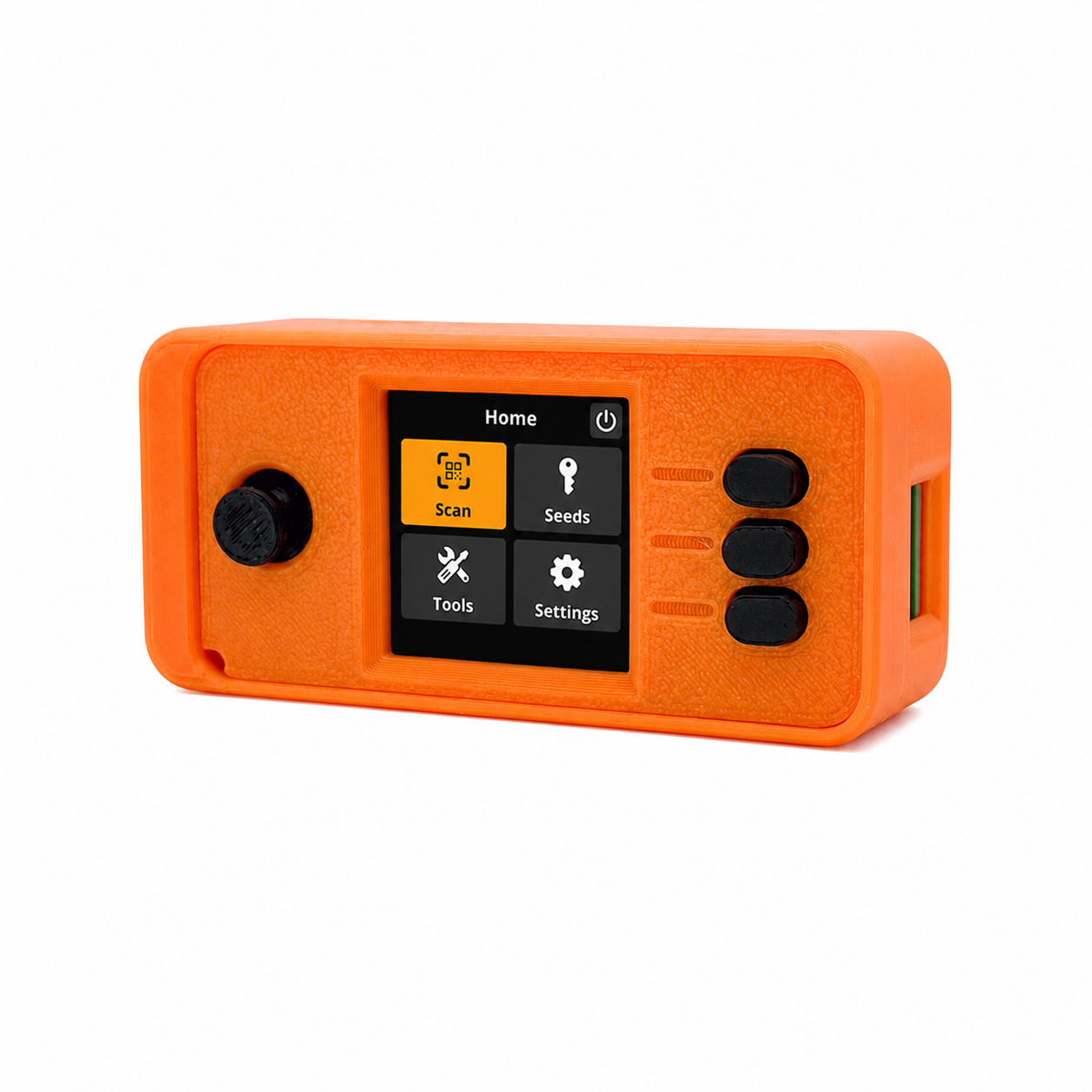 An orange electronic seed germination tester with a small central display screen showing menu options, a black rotary knob on the left, and three black buttons on the right, isolated on a white background.