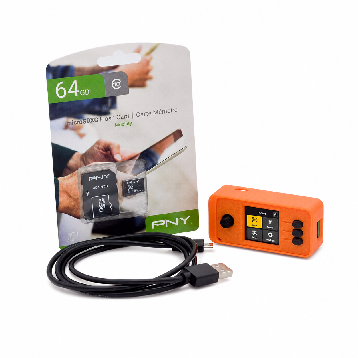 PNY 64GB microSD card adapter kit featuring an orange handheld device with a small display, a black USB cable, and the original retail packaging on a white background.