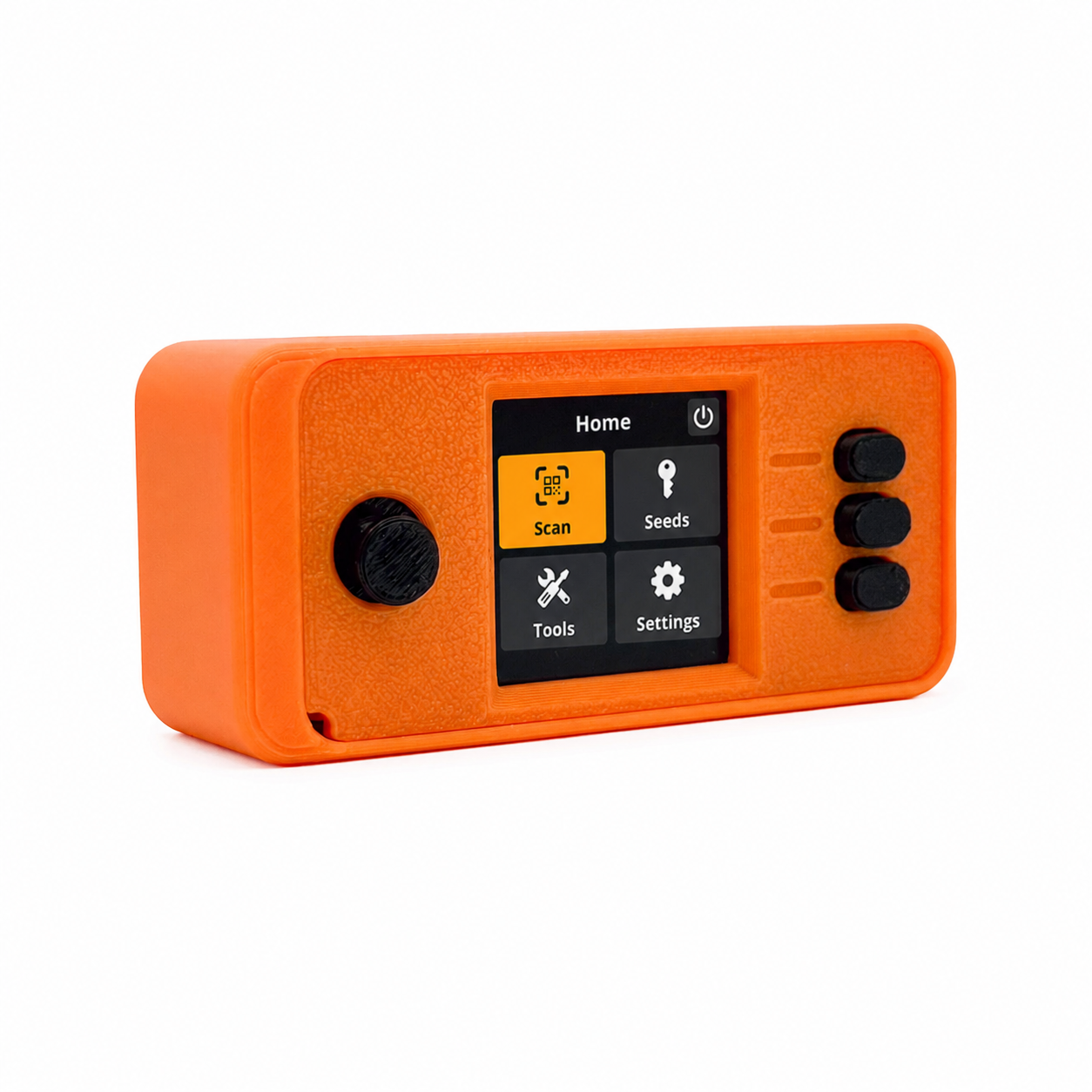 An orange electronic seed germinator control box with a textured plastic casing, a central black display screen showing a user interface, a round black dial on the left, and three black buttons on the right, set against a plain white background.