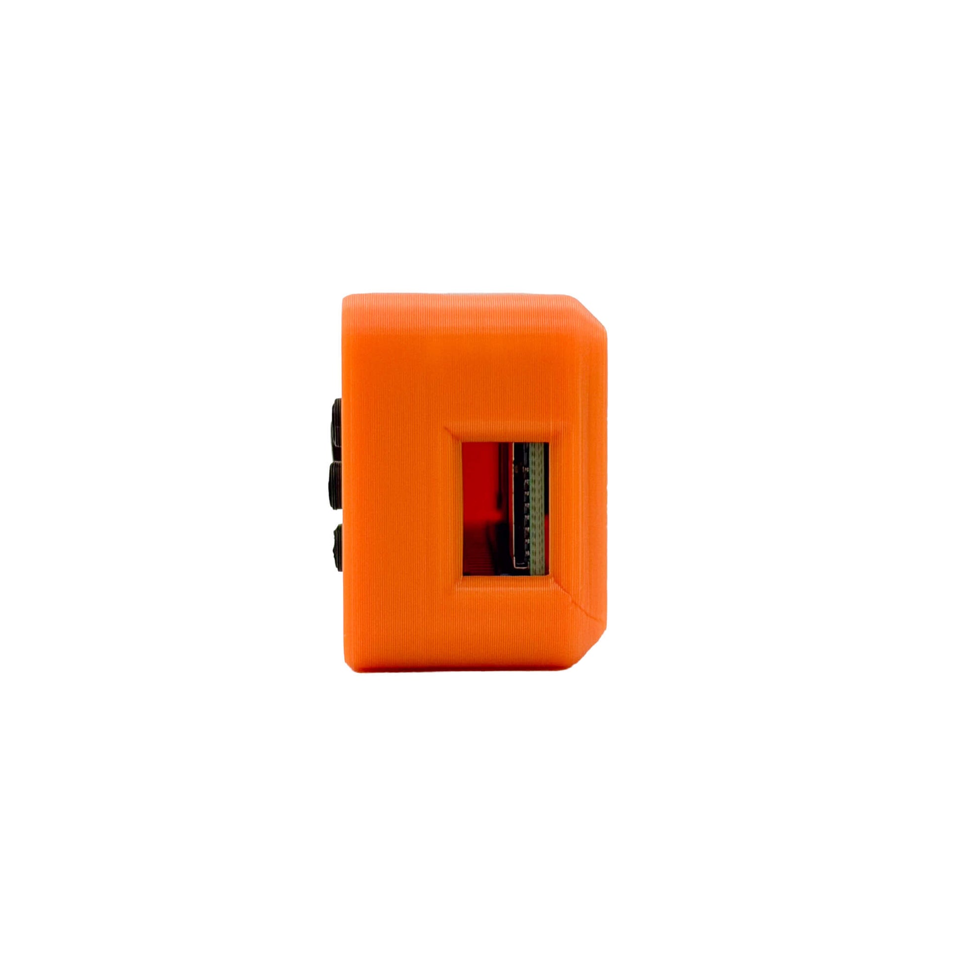 An orange 3D-printed electronic module or sensor with a side port and a front window showing internal components, isolated on a white background.