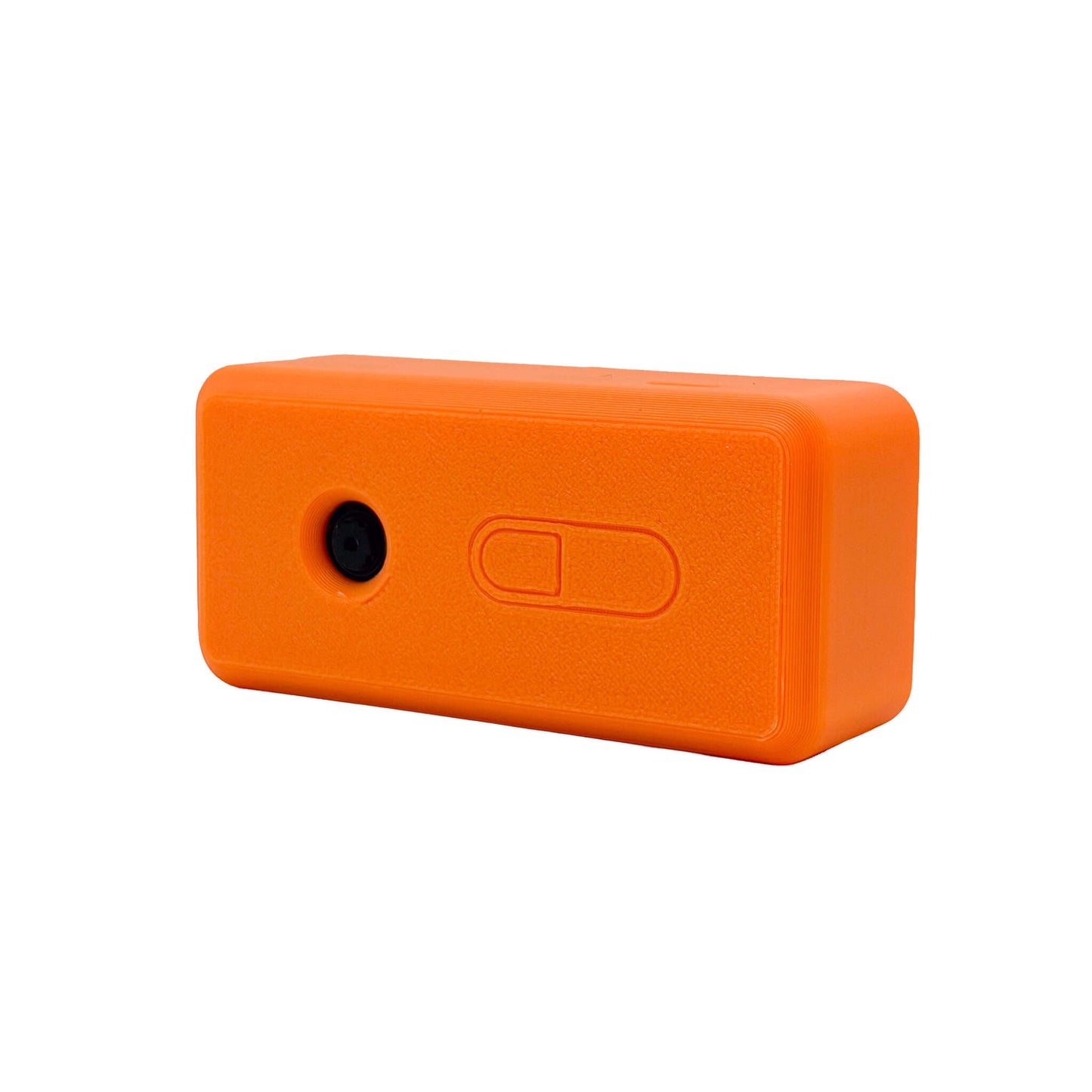An orange rectangular electronic device with a textured plastic casing, featuring a small black circular port on the left and an embossed toggle switch on the right, shown against a plain white background.