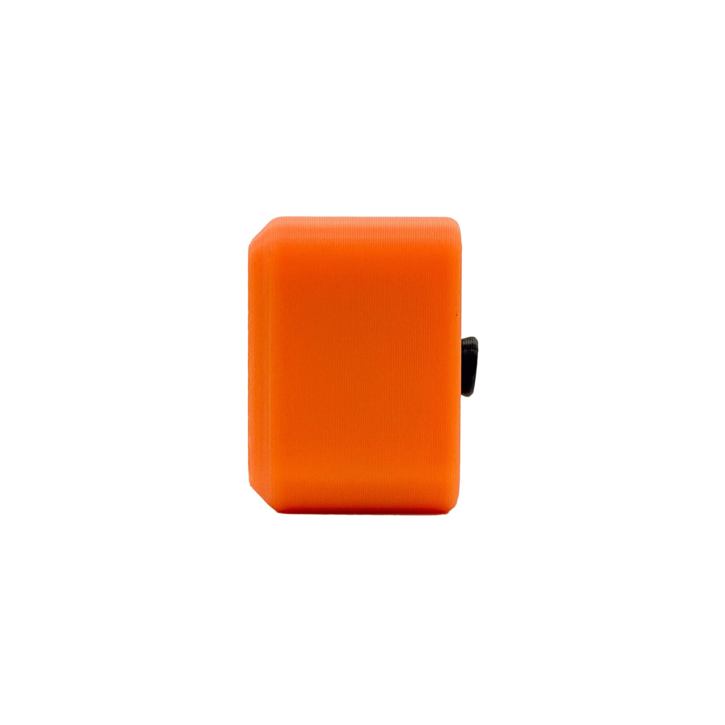 A bright orange rectangular electronic device with rounded corners and a small black side component, shown against a plain white background.