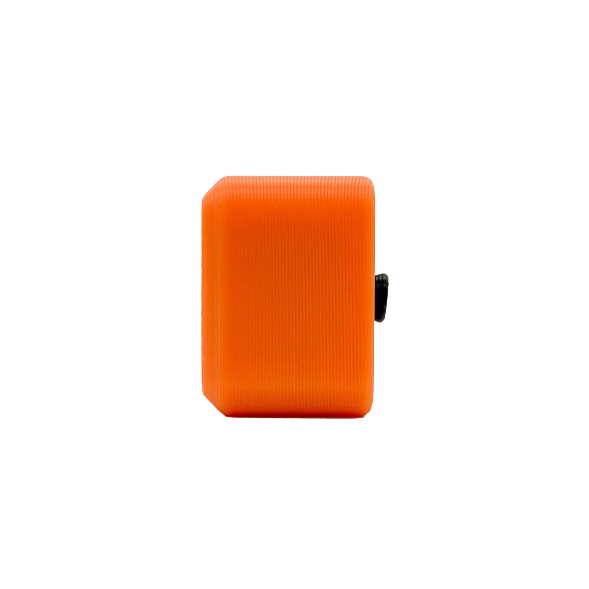 A bright orange rectangular electronic device with rounded corners and a small black side component, shown against a plain white background.