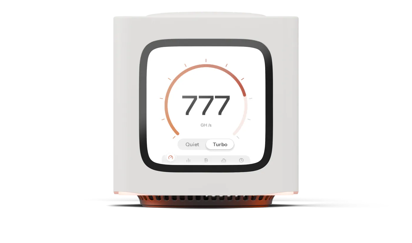 The white Bitcube from the front. Its touchscreen shows 777 GH/s in Turbo mode.