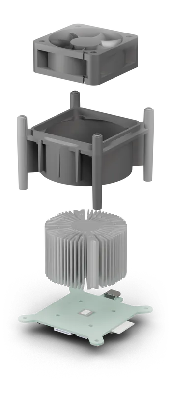 The cooling module pulled apart: fan, duct with its four towers, radial heatsink, mining board