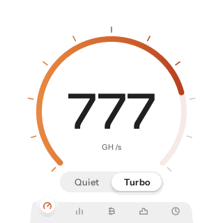 Hashrate screen showing 777 GH/s with Quiet and Turbo buttons